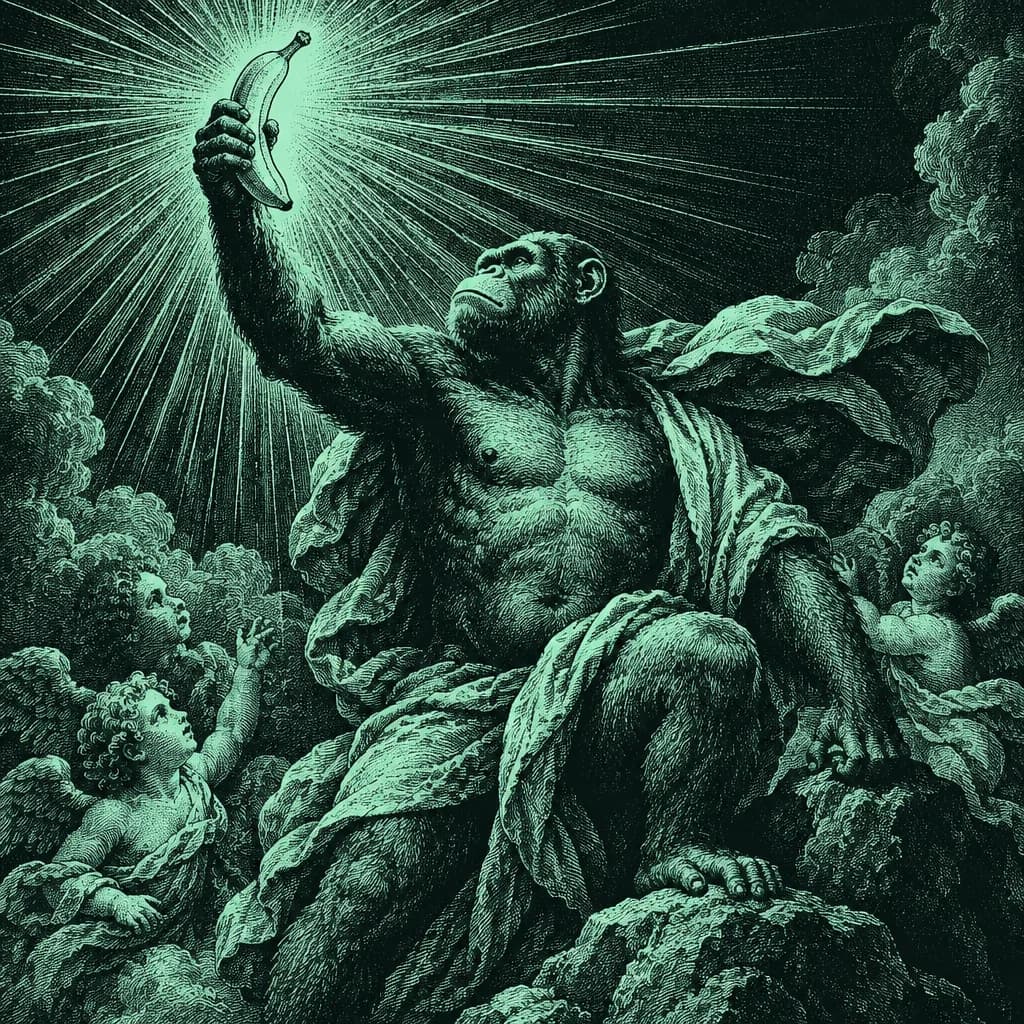 an engraving of an ape on a cliff raising a glowing banana, light rays behind it